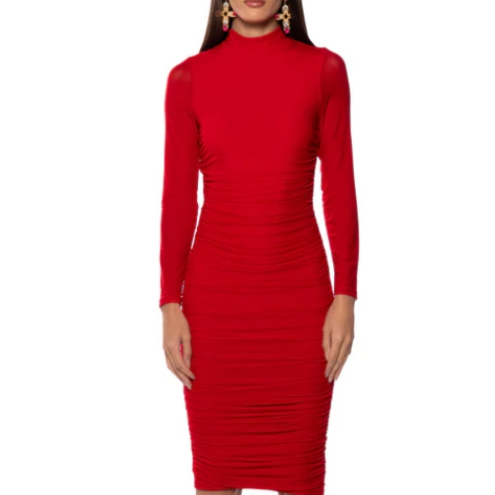 AKIRA Red Long Sleeve Ruched Midi Dress - Picture 2 of 9